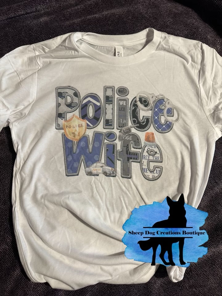 Police wife with decorative letters t shirt