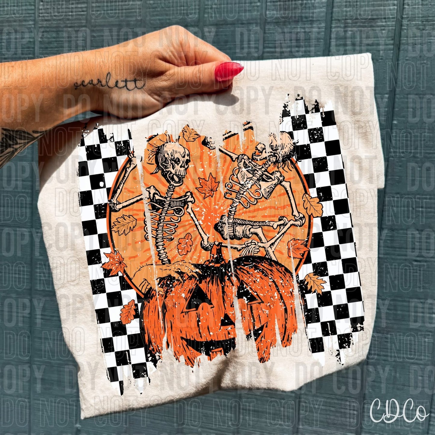 Distressed checkered skeleton and pumpkin t shirt Halloween