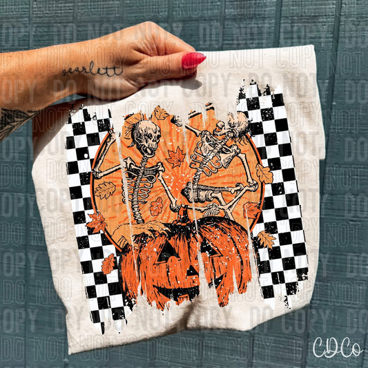 Distressed checkered skeleton and pumpkin t shirt Halloween